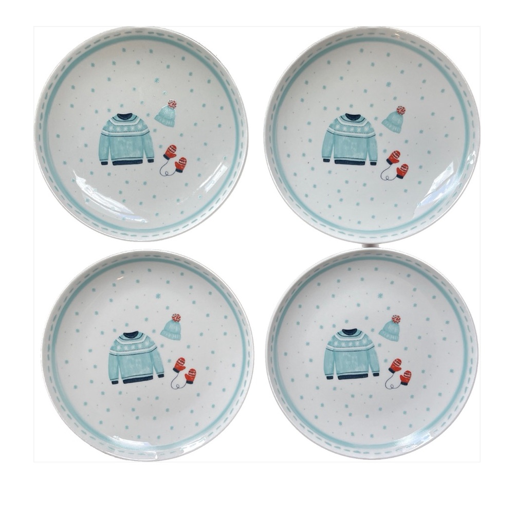 Elum Home Christmas Holiday 4 Appetizer Plates 7.5” Sweater Stocking Cap Mittens